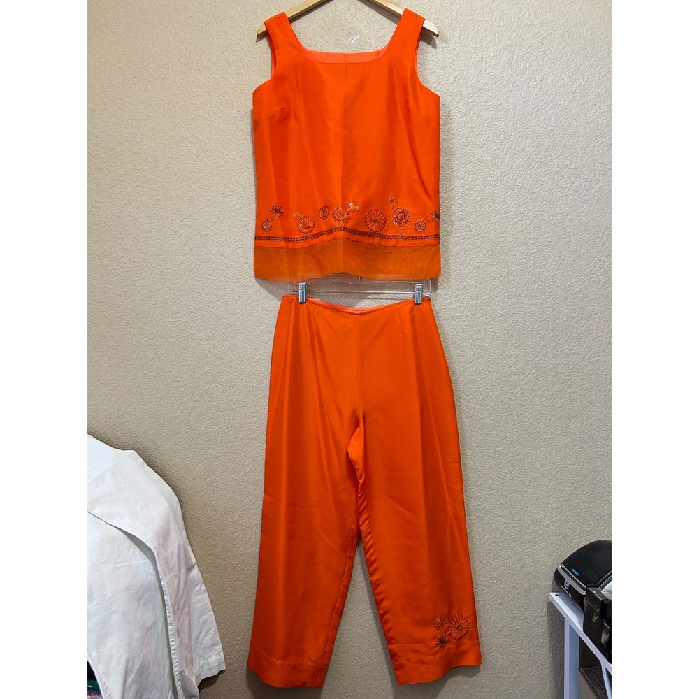 Y2K Size 10 Silk 2pc Set Orange Beaded Sun Embroidered Wide Leg Pants dupioni